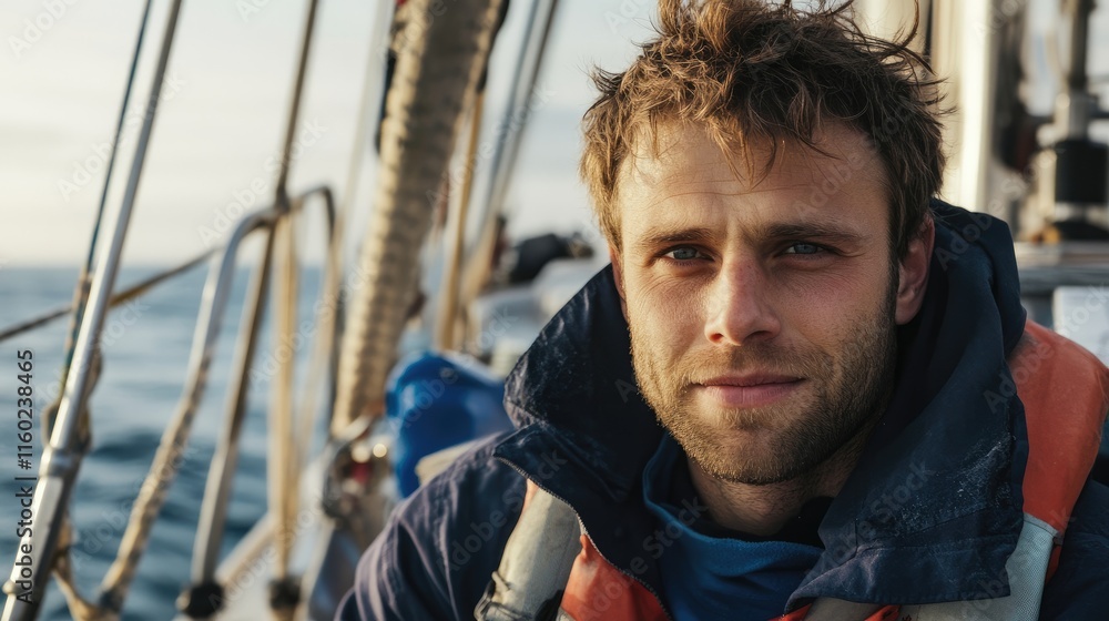Poster experienced sailor on a boat in the open sea with a focused expression and ocean backdrop.
