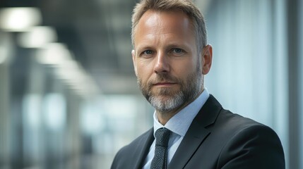 Fototapeta premium Professional businessman in a suit exuding confidence with a blurred industrial background in a modern workplace setting