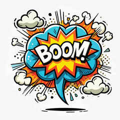Cartoon comic sign burst cloud. Speech bubble, boom sign expression and   on a white background