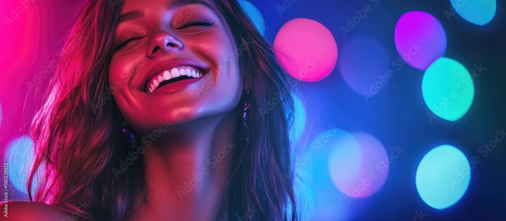 Poster smiling young woman enjoying vibrant disco party atmosphere with colorful lights and empty space for