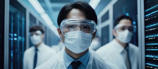 Portrait of dedicated IT team in protective gear collaborating in modern data center emphasizing technology and safety with space for text