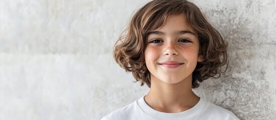 Fototapeta premium Smiling teenage girl with curly hair posing against a textured white wall ideal for advertisements or inspirational content.