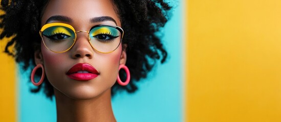 Fototapeta premium Vibrant makeup on stylish woman with colorful background and space for custom text or branding elements