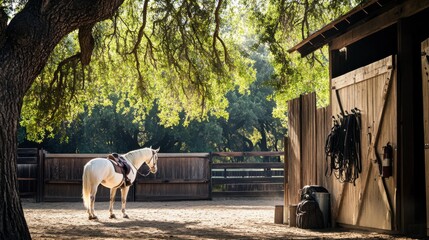 A tranquil horse ranch with equestrian gear and majestic horses, Equestrian gear set up near horse stables, Ranch lifestyle style