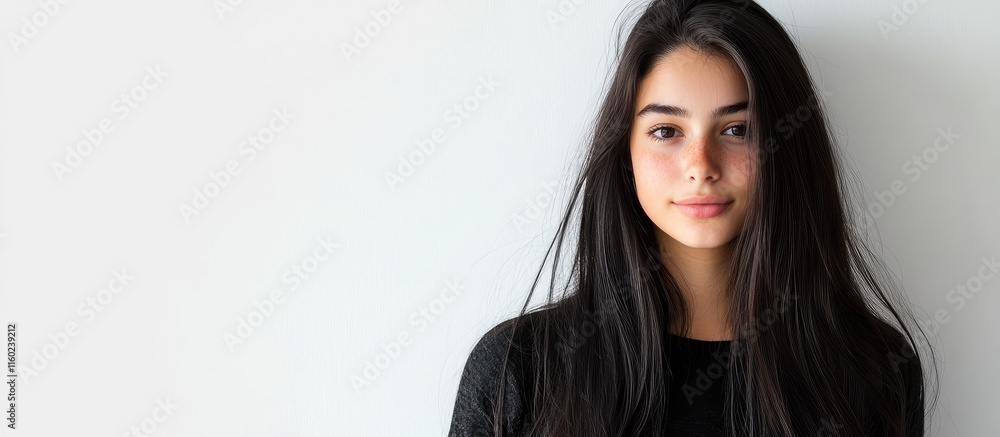 Poster young woman with long dark hair posing against a white background creating ample empty space for tex