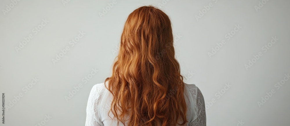 Poster young woman with flowing ginger curls standing against a neutral background with ample space for tex