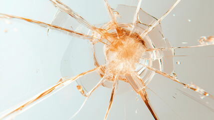 Broken yellow Glass with Bullet Shooting impact hole cracks, texture
