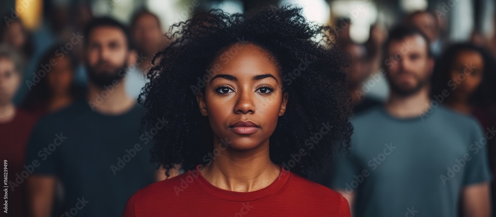 Fototapete portrait of confident african american woman in focus with diverse group behind her in muted tones f