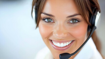 Naklejka premium Smiling female call center operator wearing headset in modern office environment with a cheerful expression and professional demeanor