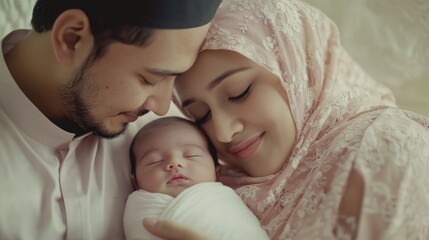 Muslim couple joyfully embracing their newborn baby in a loving and intimate family moment at home
