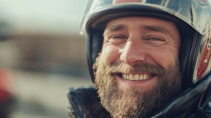 Smiling male motorcyclist wearing helmet with a scenic backdrop showcasing adventure and freedom in motorcycle riding.
