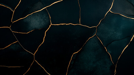 Dark stone texture with rough surface and golden cracks. Natural slate background. Geological concept for banner, poster, wallpaper design