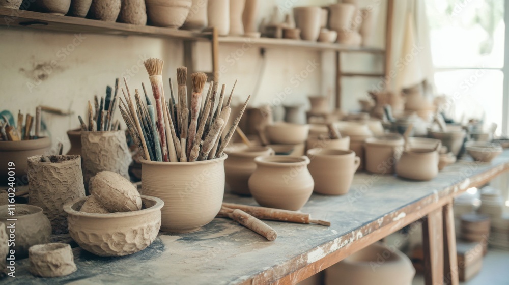 Poster a tranquil pottery studio with a variety of clay and tools, pottery tools neatly organized on workta