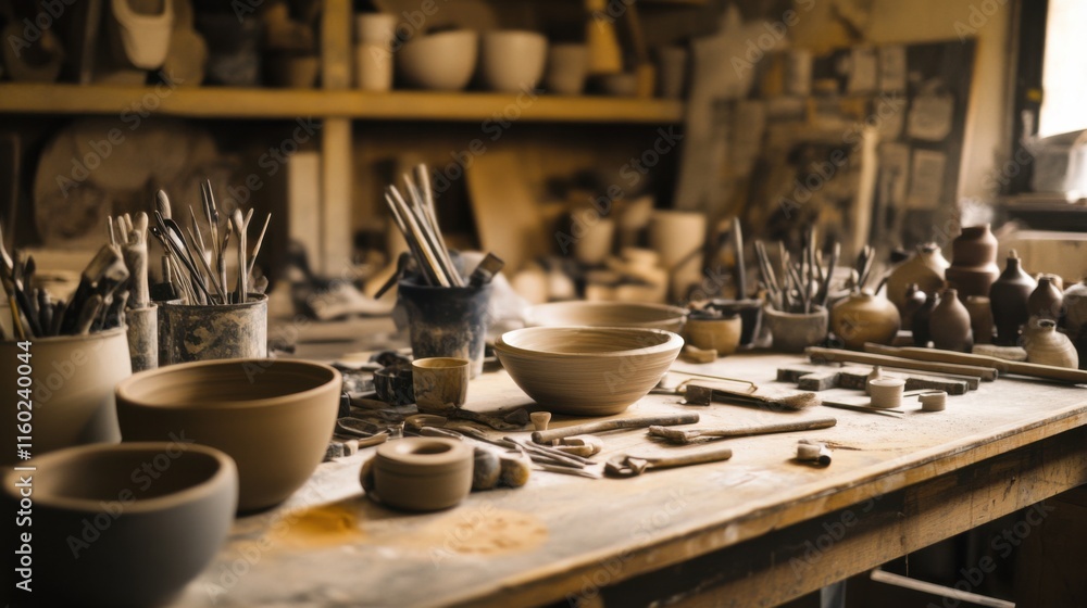 Poster a tranquil pottery studio with a variety of clay and tools, pottery tools neatly organized on workta
