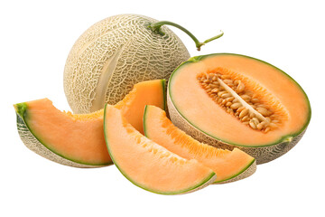 Isolated background image, cantaloupe fruit and orange slices showing cantaloupe flesh, transparent background PNG