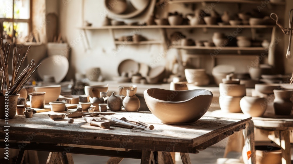 Poster a tranquil pottery studio with a variety of clay and tools, pottery tools neatly organized on workta