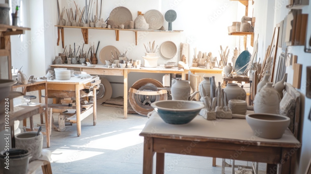 Poster a tranquil pottery studio with a variety of clay and tools, pottery wheels and sculpting tools arran