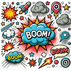 Cartoon comic sign burst cloud. Speech bubble, boom sign expression and   on a white background