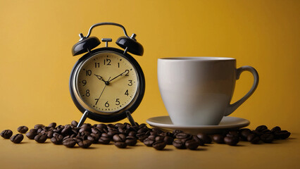 A coffee clock with a yellow backdrop. imaginative concept. minimal idea