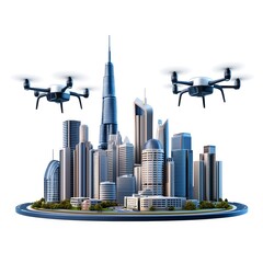 Naklejka premium Modern City with Skyscrapers and Drones in Bright Blue Sky
