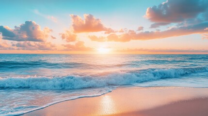 Fototapeta premium Serene Sunset on Tropical Beach: Tranquil Ocean Waves at Golden Hour