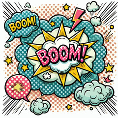 Cartoon comic sign burst cloud. Speech bubble, boom sign expression and   on a white background