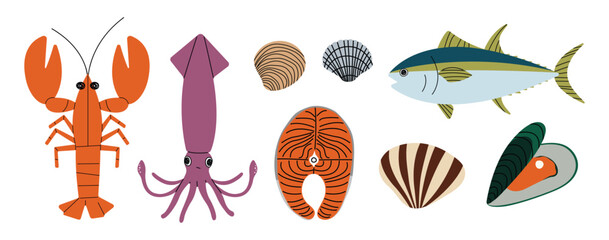 Seafood 1 cute on a White background, vector illustration.