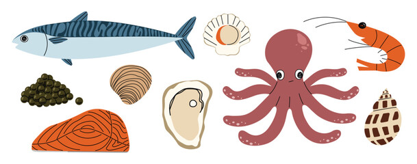 Seafood 3 cute on a White background, vector illustration.