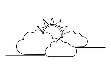 Continuous one-line cloud and sun drawing of isolated outline vector illustration