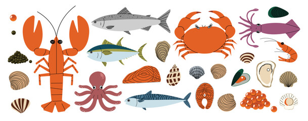 Seafood Collection 1 cute on a White background, vector illustration.