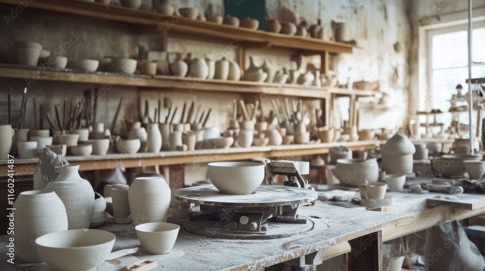 Aufkleber a tranquil pottery workshop with pottery wheels and kilns, pottery tools arranged in a spacious work