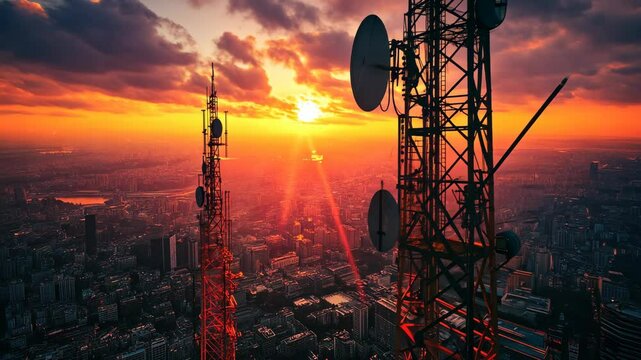 Sunset view from above city with communication towers silhouetted against vibrant sky