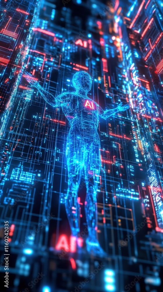 Poster ai humanoid within digital circuitry network
