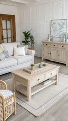 Cozy living room with light wooden furniture and neutral decor.