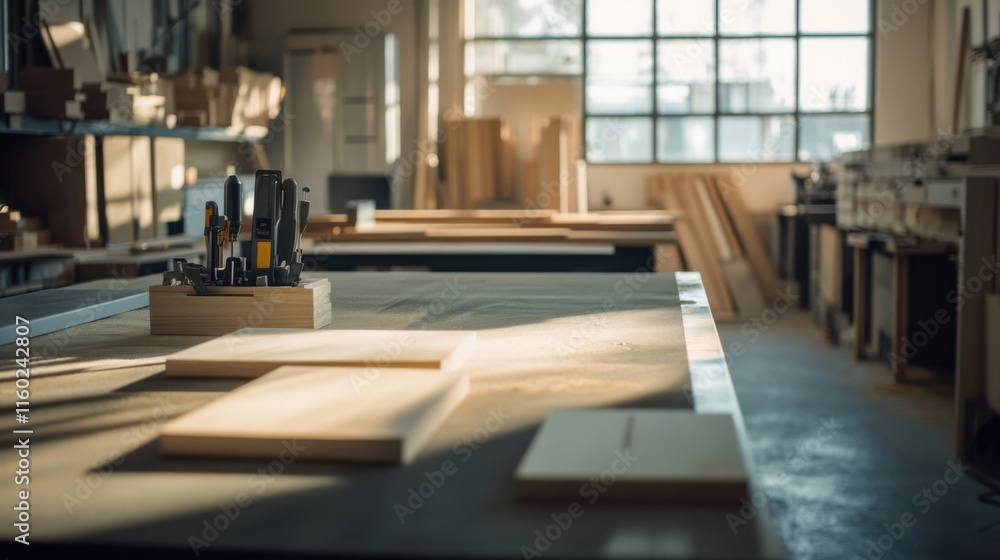 Poster a tranquil woodworking studio with tools and timber, workshop tools arranged in a well-lit space, co