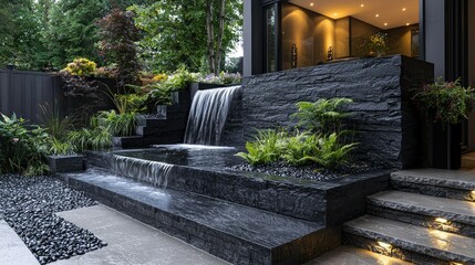 Obraz premium A serene outdoor space featuring a modern water feature and lush greenery.
