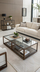 Modern living room with glass coffee table and neutral tones.