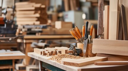 A tranquil woodworking studio with tools and timber, Workshop tools arranged in a well-lit space, Contemporary workshop style