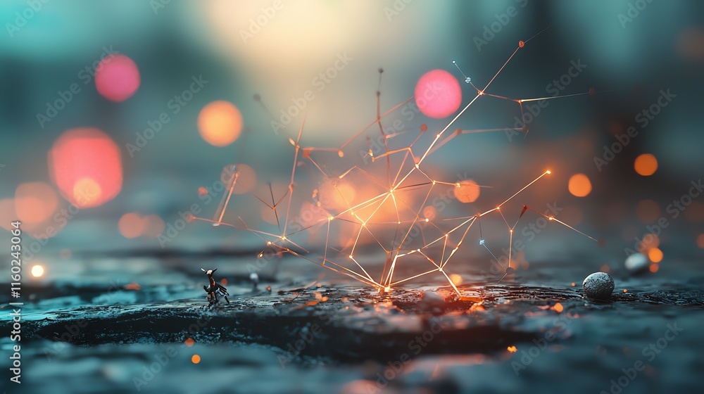 Poster abstract network connections with glowing nodes on wet surface.