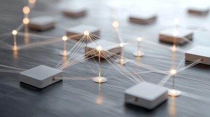 Abstract network connections, glowing nodes on gray surface, digital communication concept.