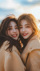 Fototapeta premium In winter, two young women wearing windbreakers embrace each other