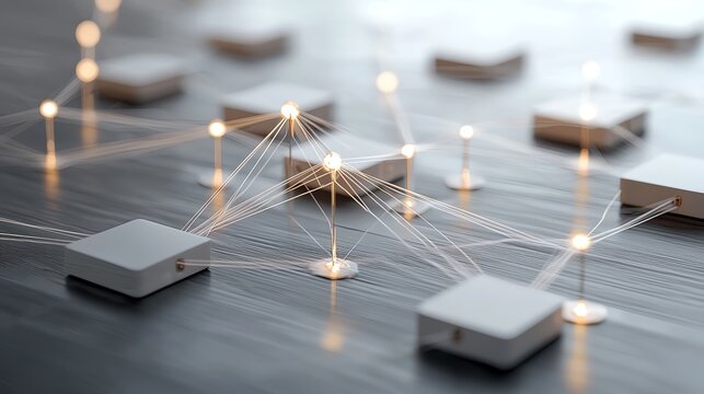 Abstract network connections, glowing nodes on gray surface, digital communication concept.