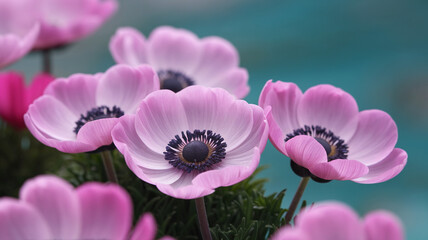 Beautiful Pink Anemones Blooming Against a Turquoise Background