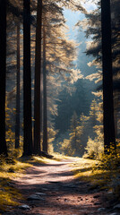 Tranquil Forest Path with Sunlight Filtering Through Tall Pine Trees in Autumn : Generative AI