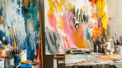 A vibrant art studio with painting tools, Abstract artworks in progress, Contemporary studio style
