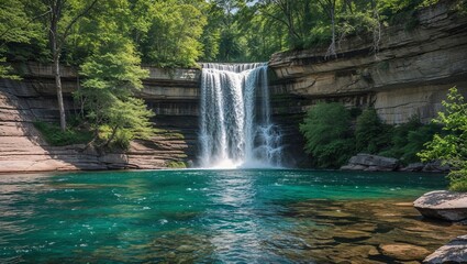 Fototapeta premium A serene waterfall cascading into a calm pool surrounded by lush green forest. A perfect scene of natural tranquility and relaxation in an untouched wilderness.