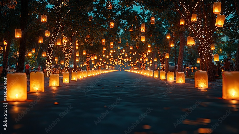 Poster a serene pathway illuminated by glowing lanterns, creating a magical evening atmosphere.