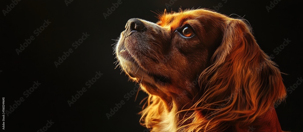 Poster serene spaniel dog with warm fur gazing upward against a dark background with ample space for text o