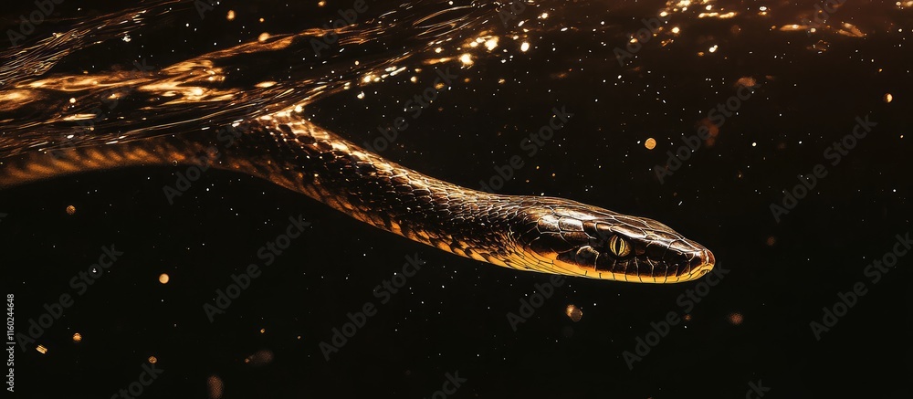 Poster serpent swimming elegantly in dark waters with shimmering reflections and ample space for text and d