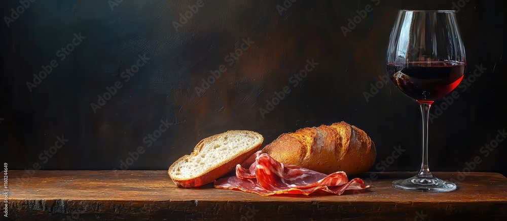Poster serrano ham accompanied by fresh bread and a glass of red wine on rustic wooden table with space for